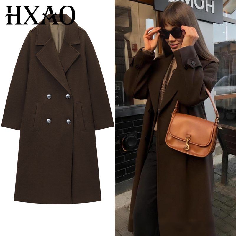 Wool Coat Peacoat - Hxao casaco feminino marrom tweed lã