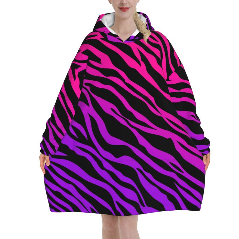 Sherpa Hoodie Fleece - Zebra listra impressão wearable cobertor com