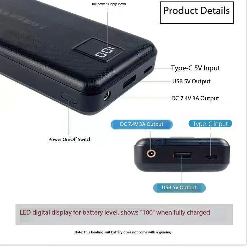 Heated Vest Battery - Nova grande capacidade 7.4v/3a/16000mah/20000mah power bank