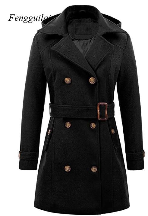 Wool Coat Peacoat - Casaco Feminino Preto com Capuz, Abotoamento