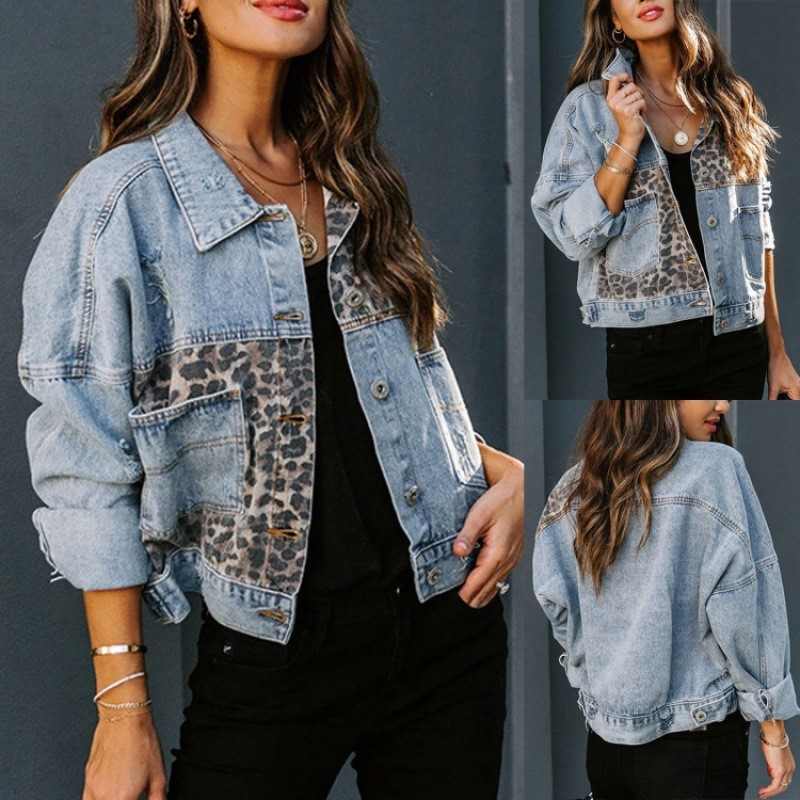 Leopardo costura denim jaqueta - Down Jacket Packable avaliação e preço
